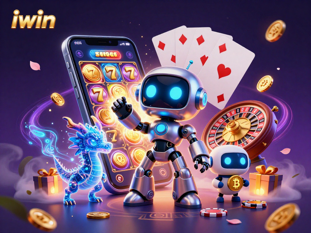 Experience thrilling wins with iwin's vibrant 3D casino digital illustration featuring a robot, dragon, and bitcoin drone.