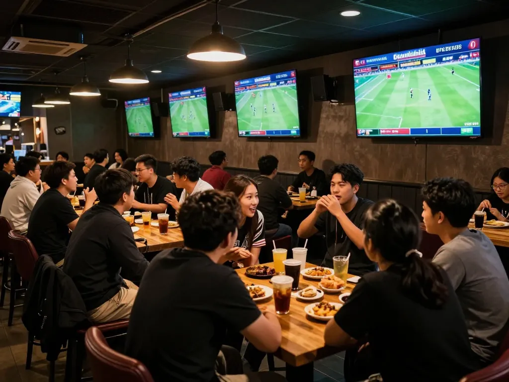 Fans celebrating and placing kèo nhà cái trực tiếp bets in a lively sports bar atmosphere.