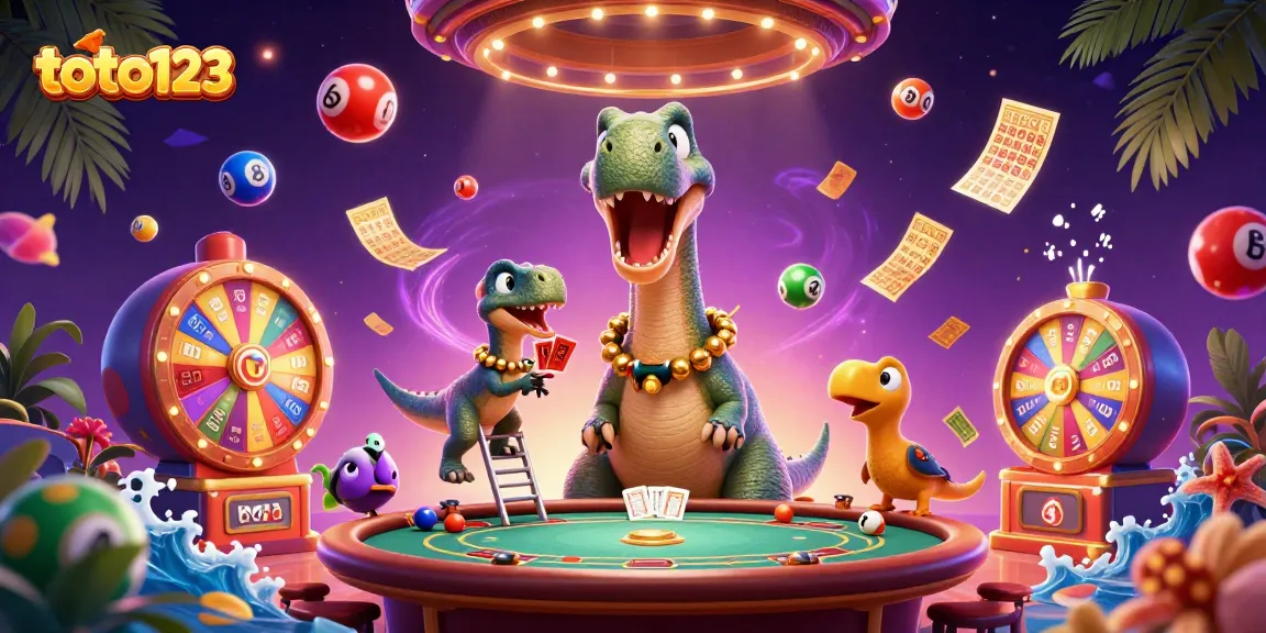 Engage with the exciting world of toto123 as a brontosaurus looks down on a lively casino scene filled with dynamic lottery elements.