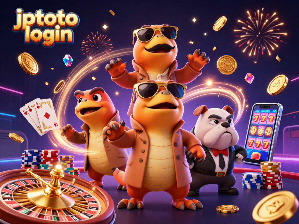 Experience thrilling jptoto login actions in a vibrant casino scene with animated raptors and dynamic gaming elements.