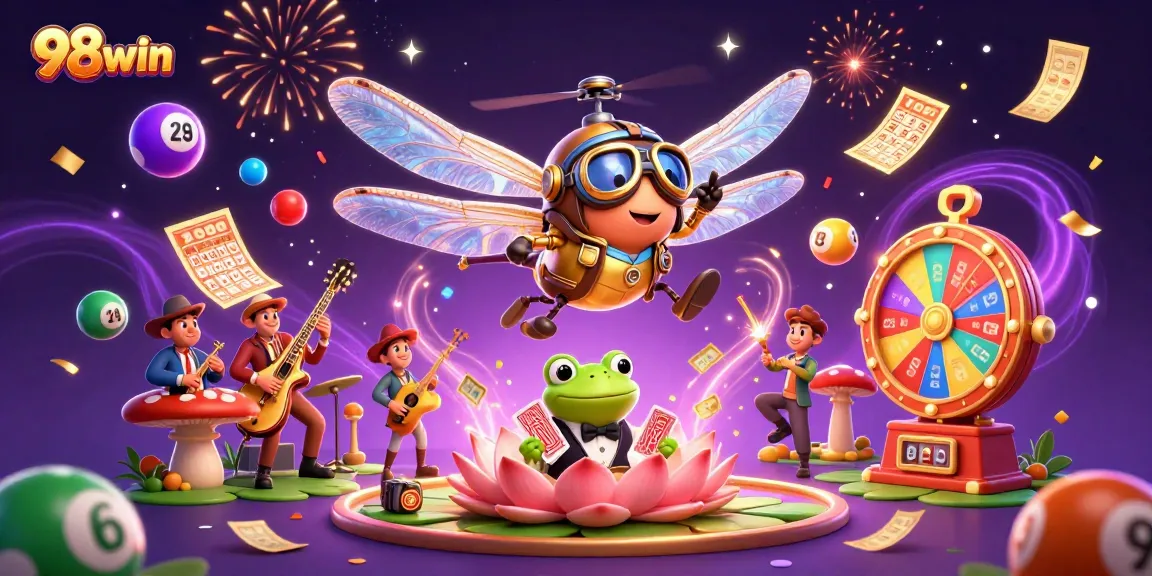 Join the excitement at 98win, where vibrant lottery balls and lively characters collide in casino fun.