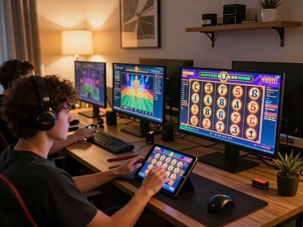 Engaging with situs slot games on a tablet in a cozy home setting featuring vibrant colors and dynamic gameplay