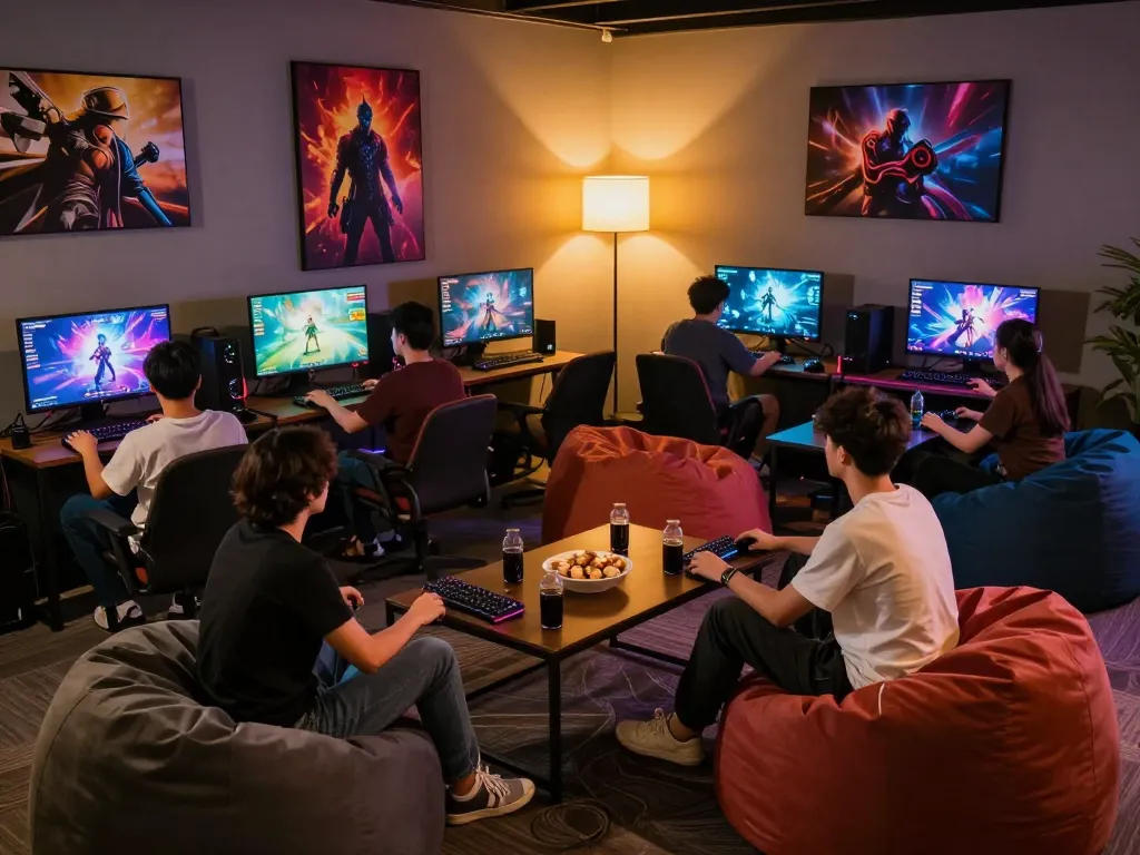 Players enjoying vibrant adult games in a cozy gaming lounge.