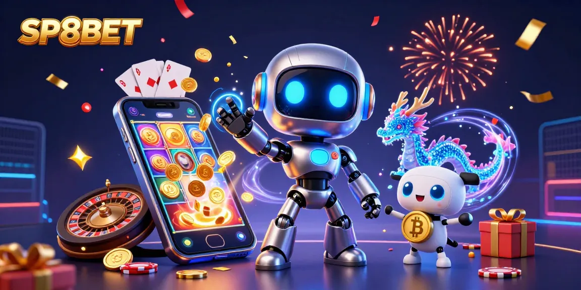 Engage with SP8BET's thrilling slot game experience featuring dynamic 3D characters and vibrant casino elements.