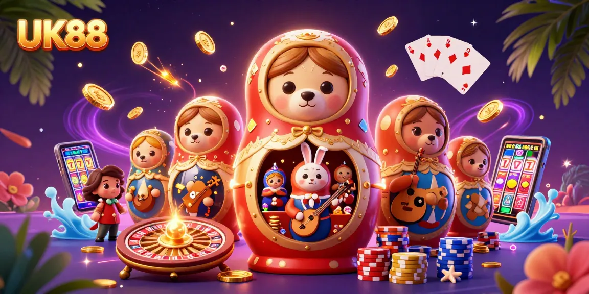 Play exciting casino games with UK88 featuring a rich 3D illustration of colorful characters.