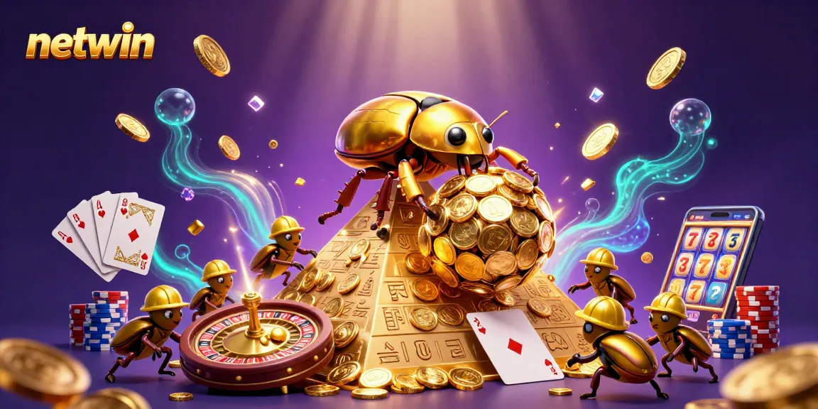 Experience ultimate fun with netwin's 3D casino scene of a golden dung beetle rolling coins.