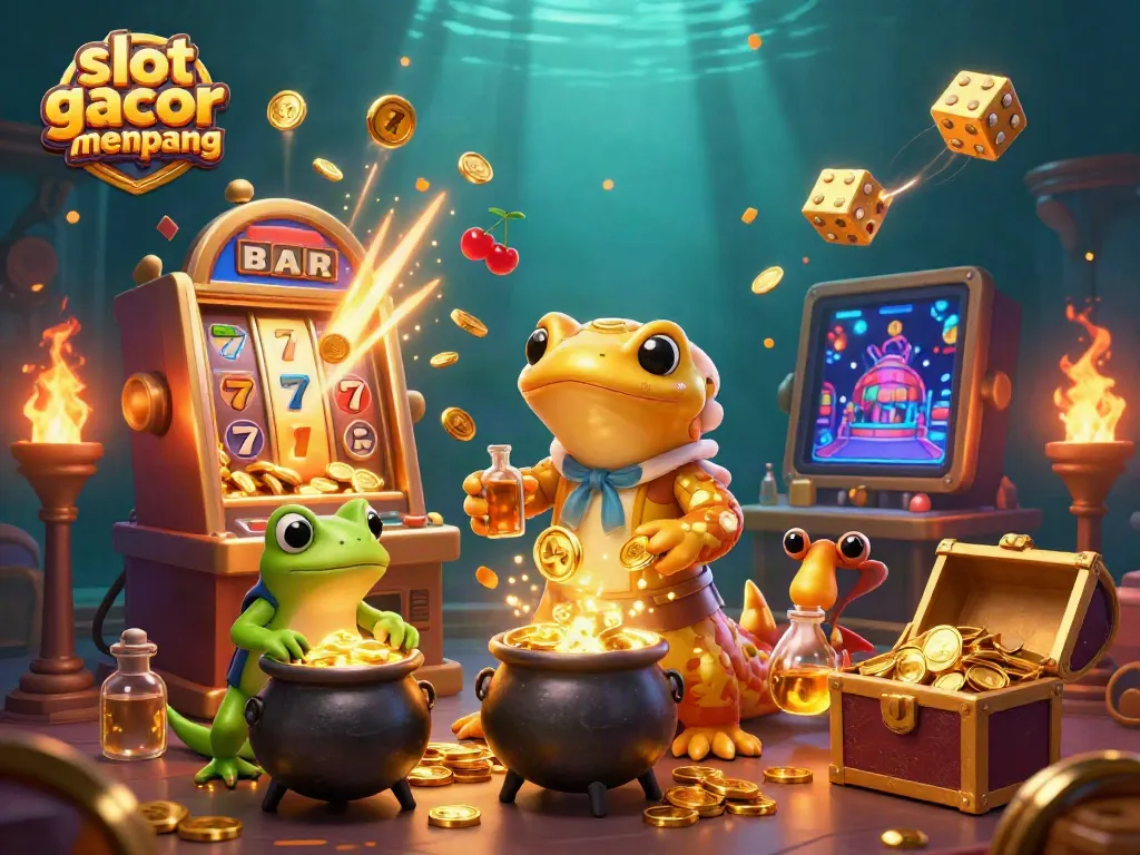 Spin slots with golden alchemist and coin-rich explosion in vibrant 3D illustration for slot gacor gampang menang.