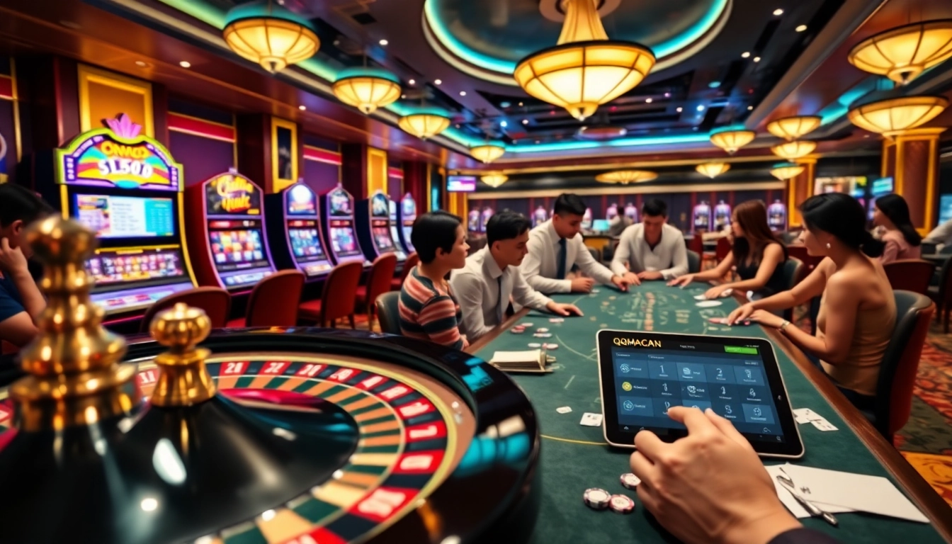 Experience thrilling gameplay at QQMacan, featuring vibrant slot machines and poker tables.
