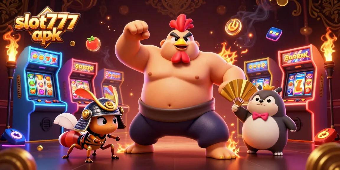 Spin the reels with slot777 apk in a vibrant casino scene featuring unique characters and arcade elements.