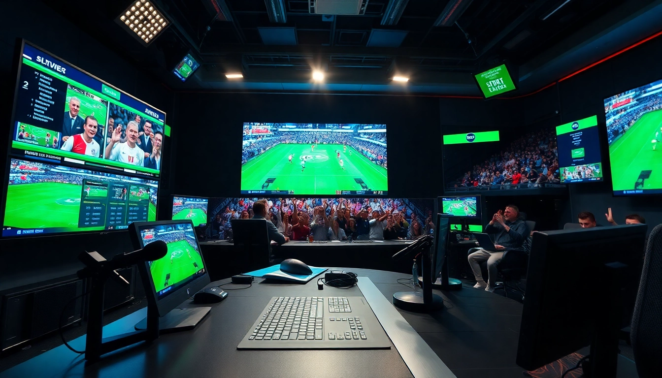 Engaging scene of sports broadcasting showcasing dynamic visuals and a lively studio environment.