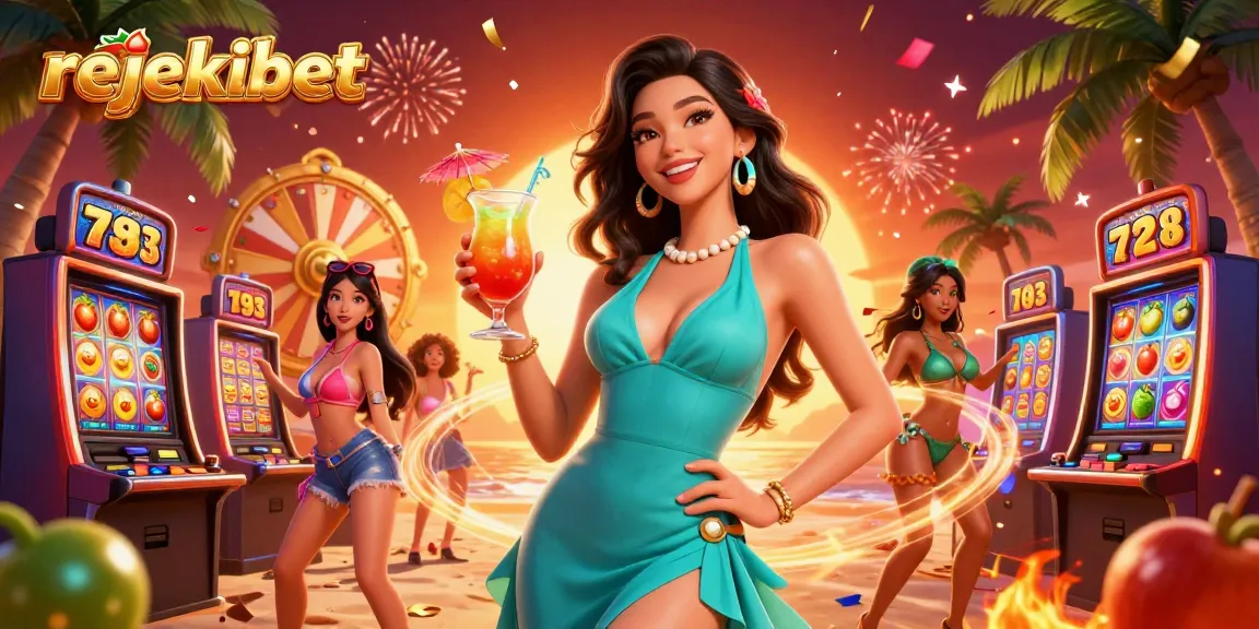Play slots at rejekibet with 3D illustration of glamorous tropical casino setting and vibrant game elements.