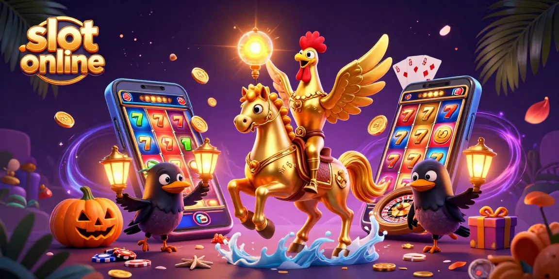 Slot online dengan karakter unik dan elemen kasino di latar belakang kasino yang penuh warna.