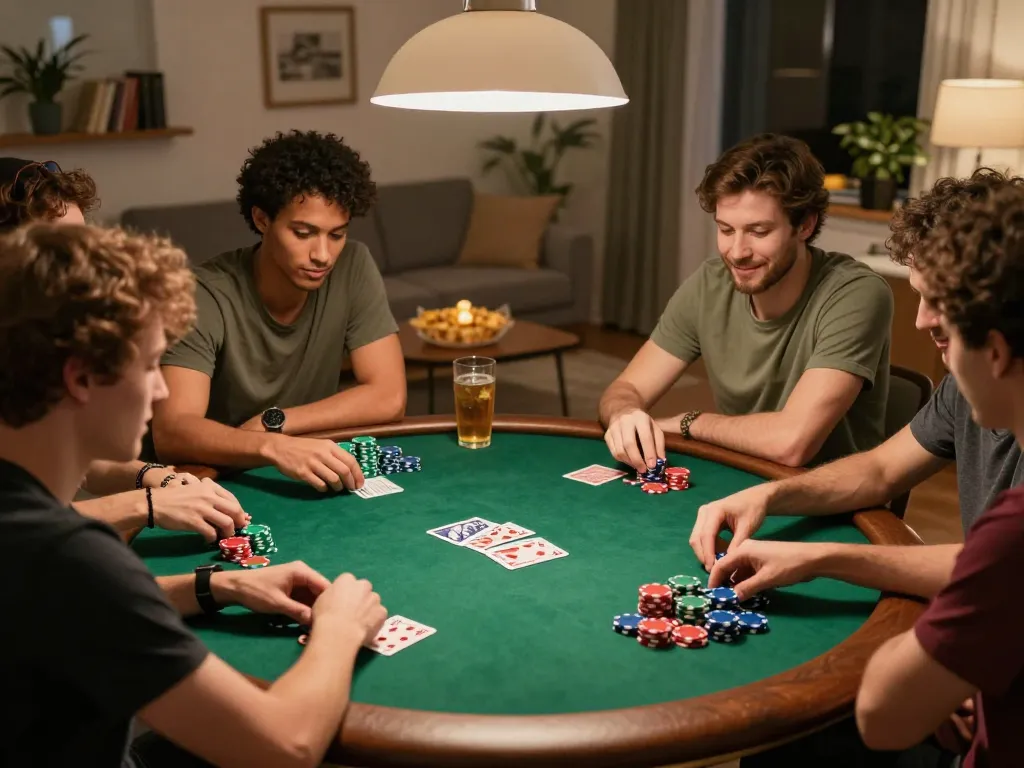 Friends playing poker during a lively home game night featuring caricature Chatgpt style decor.