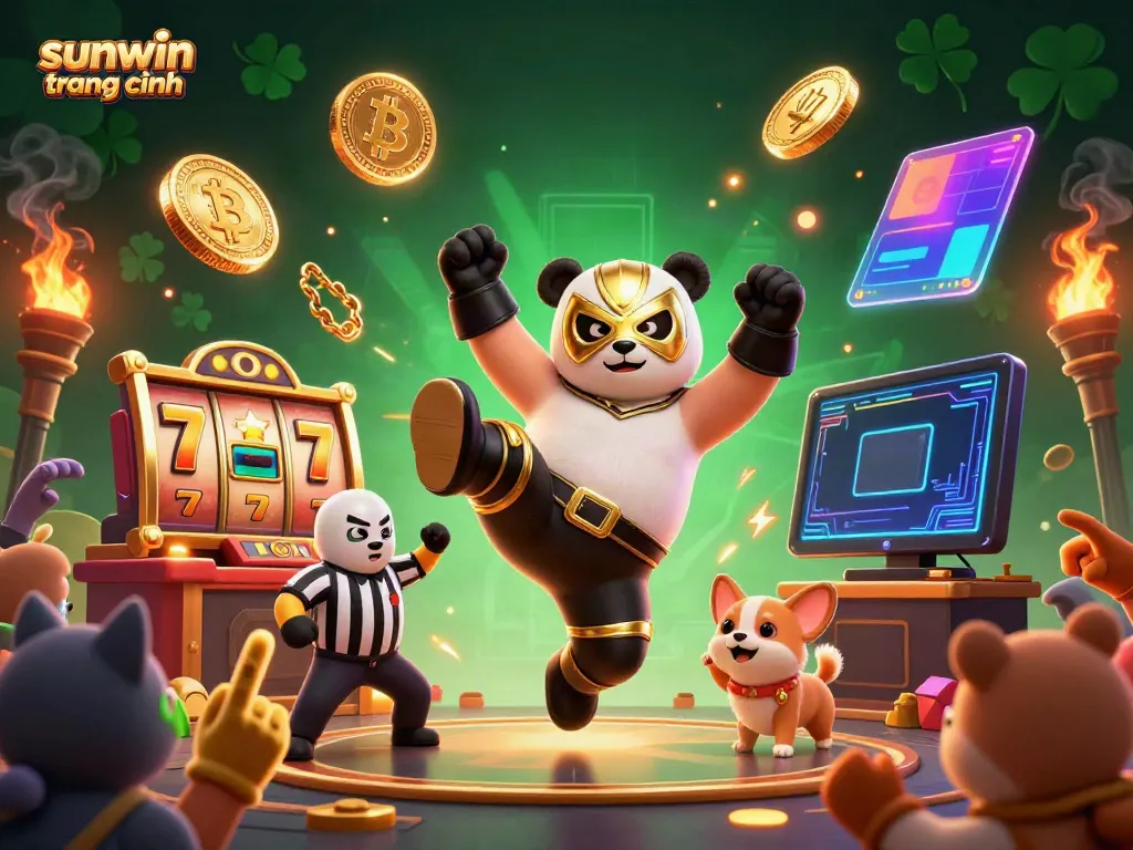 Experience the excitement of sunwin trang chính with the vibrant panda wrestler and festive crowd.