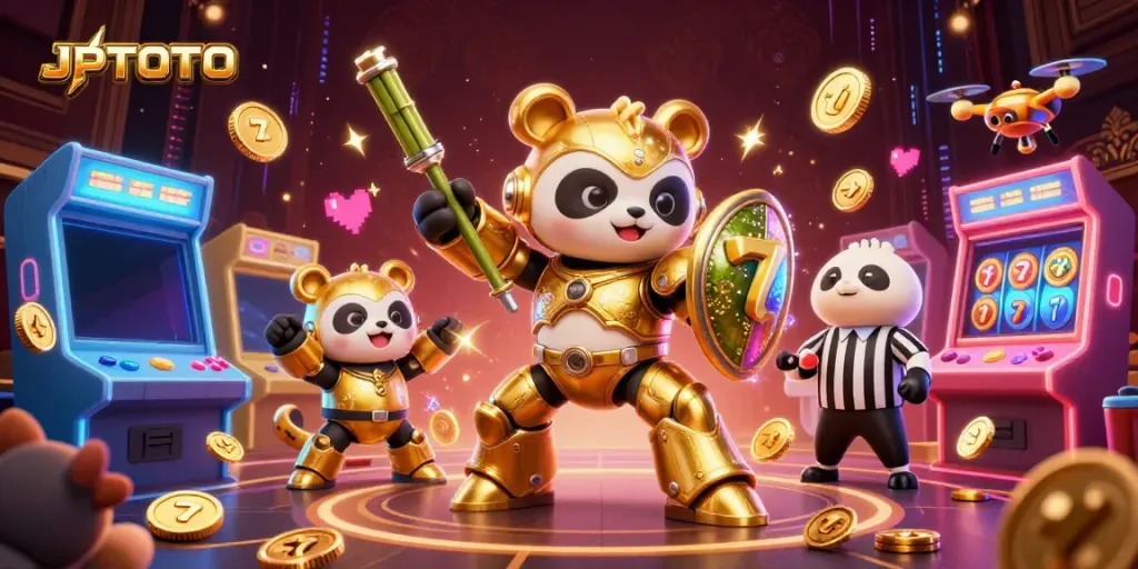 Ilustrasi 3D JPTOTO dengan panda emas dalam robot tempur, mesin slot menyebar, suasana kasino yang meriah.