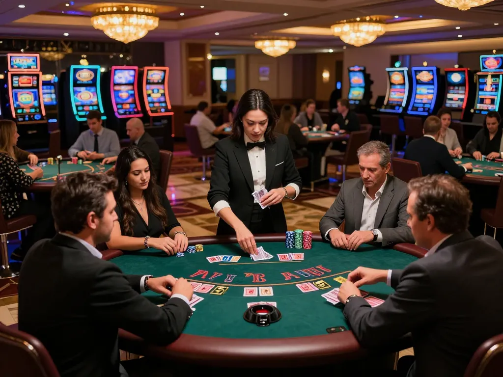 Bbet players competing at blackjack tables in a vibrant casino showcasing strategic gameplay