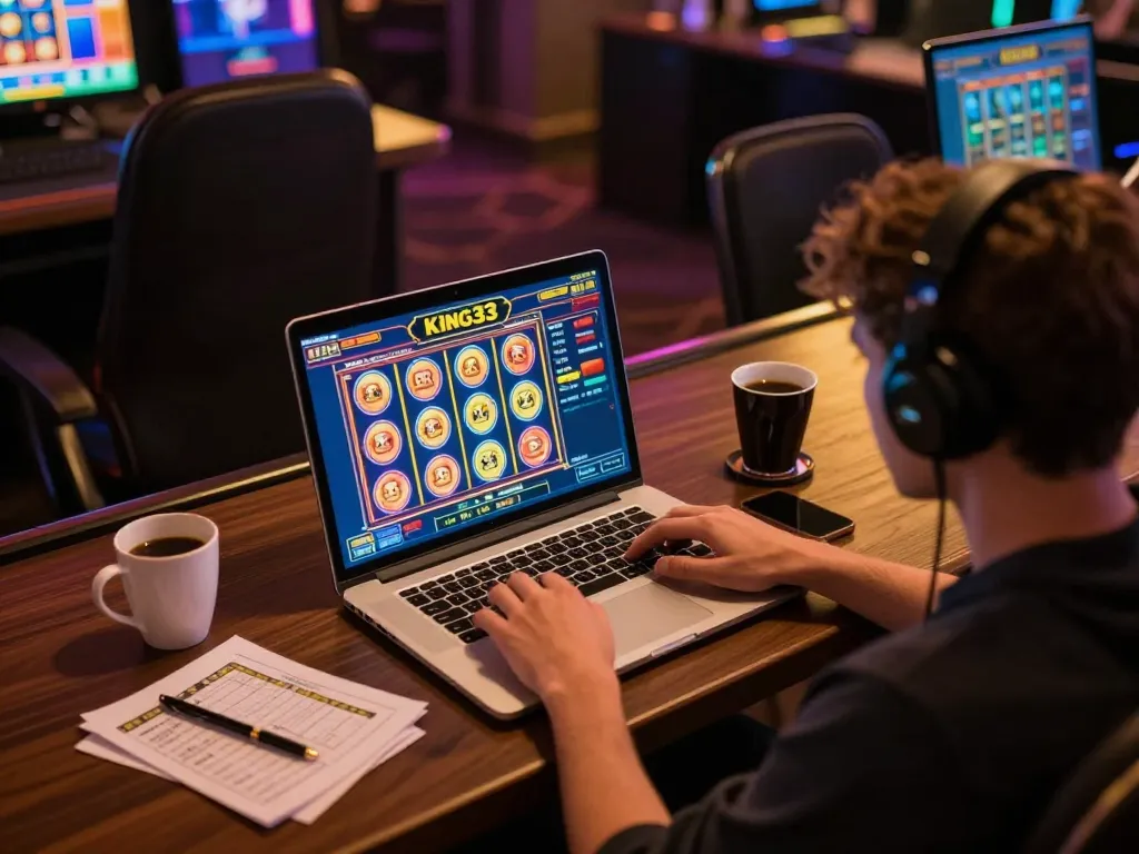 Player engaging with King33 online casino slots on a laptop at home, showcasing vibrant game interface and comfortable gaming setup.