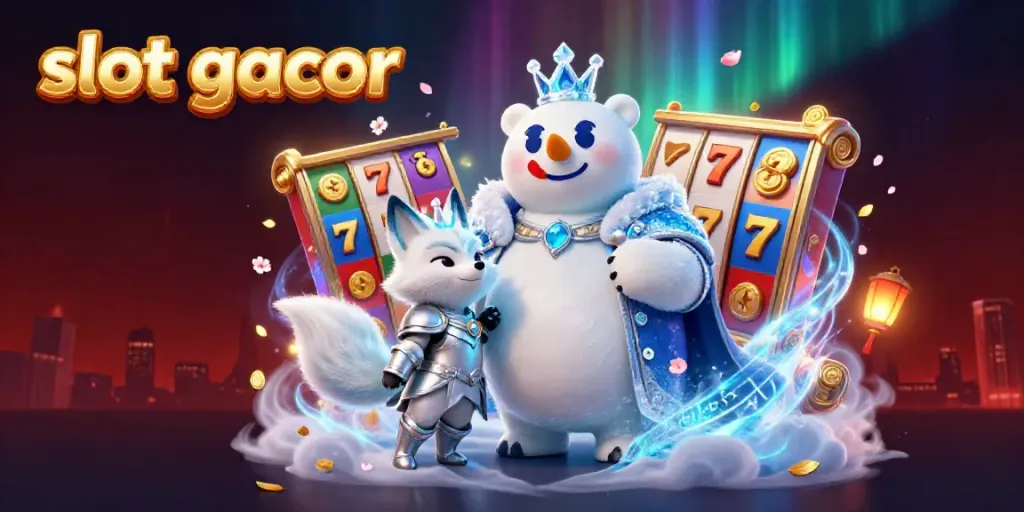 Experience excitement with slot gacor visuals featuring a polar bear and fox amidst casino elements.