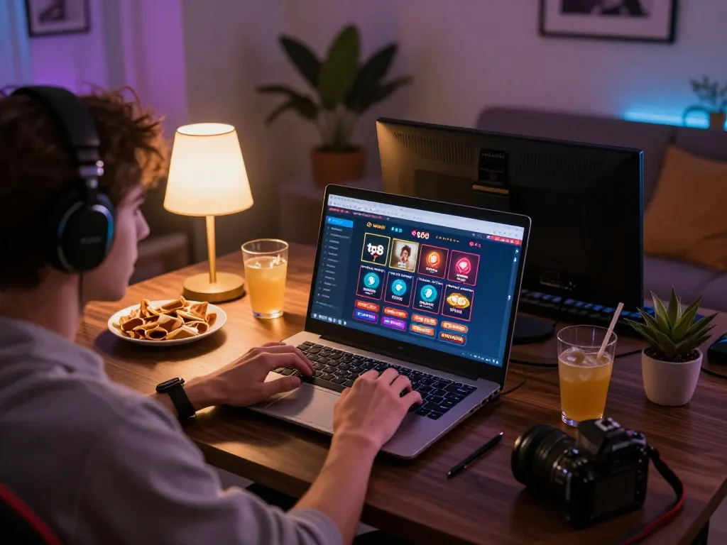 Player focused on tg88 online casino gaming via laptop in a cozy home setting.