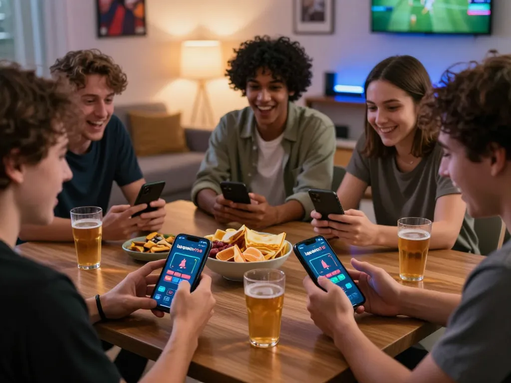 Teman-teman yang terlibat dengan platform permainan mobile lagowin782 dalam suasana rumah yang ramai.