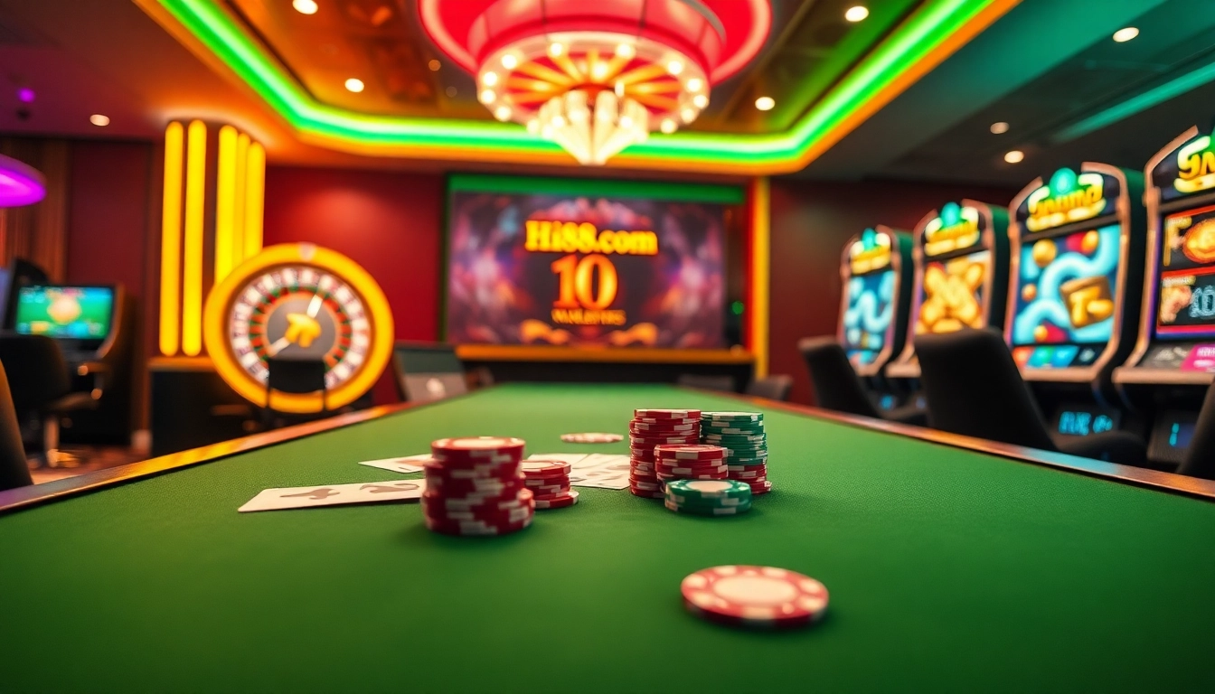 The energetic atmosphere of Hi88.com with poker chips, a roulette wheel, and vibrant slot machines.