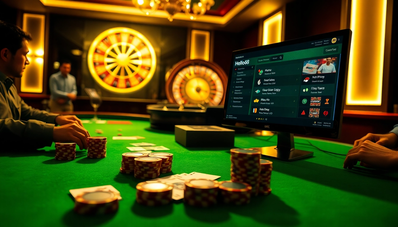 Hello88 casino scene with poker chips and a roulette wheel inviting players to bet.