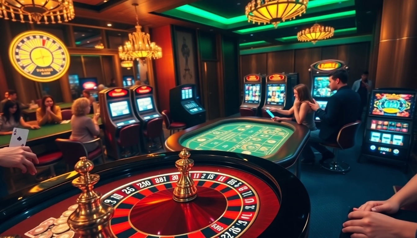 Gamble at https://xx88.vin/ with an exciting casino scene featuring roulette, poker, and slot machines.