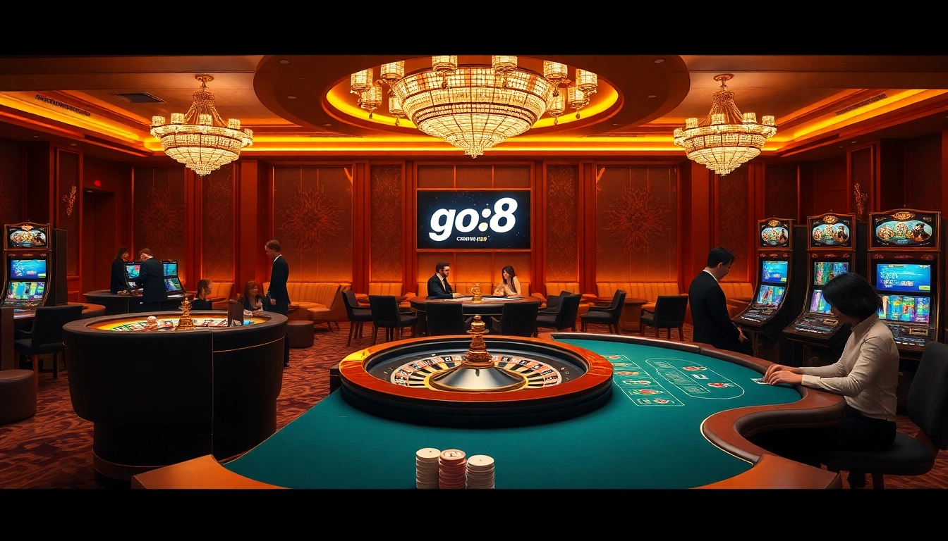 Experience the thrill of gambling at go8 chính thức with an elegant casino scene featuring roulette and poker tables.