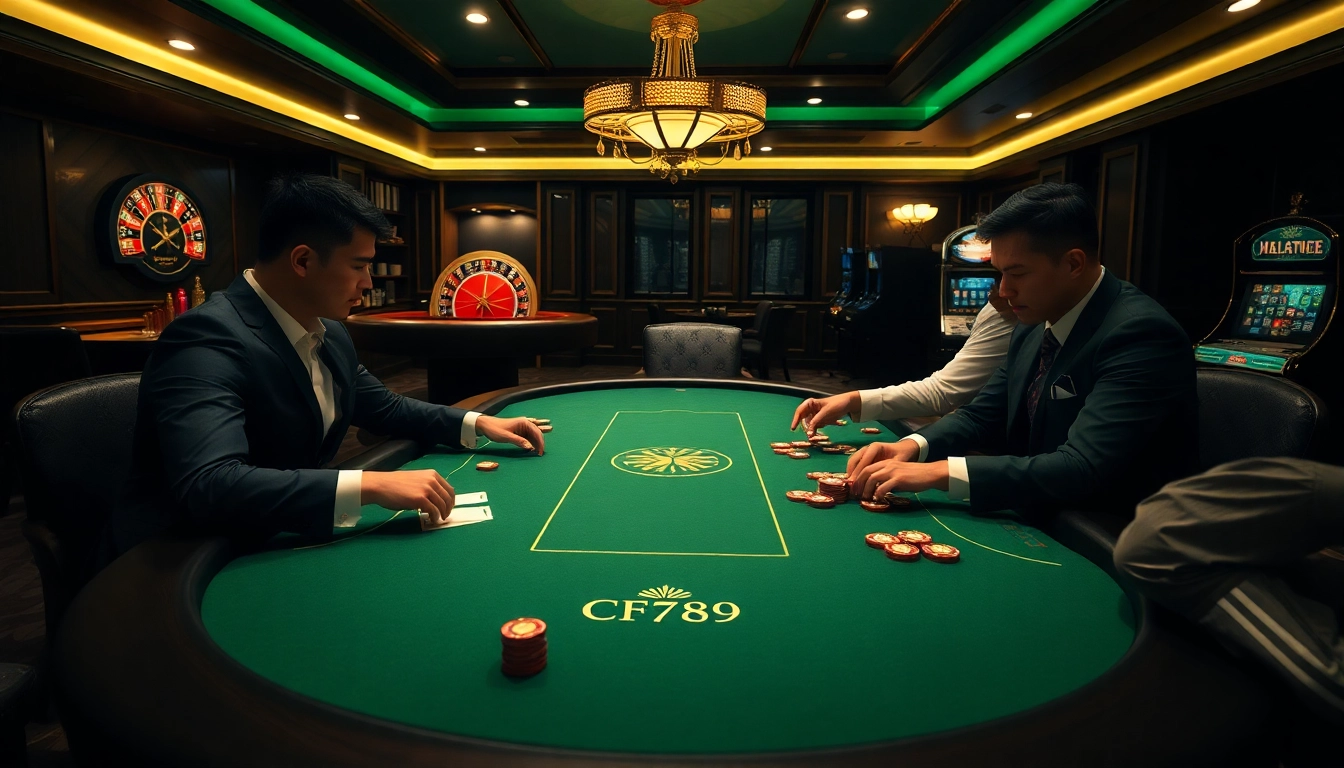 Engaging poker game scene featuring Nhà cái CF789 elements with chips and cards in a luxurious casino setting.