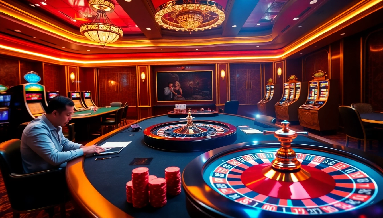 A dynamic scene showcasing the excitement of Nhà Cái BJ888's online gambling experience with a poker table and roulette wheel.