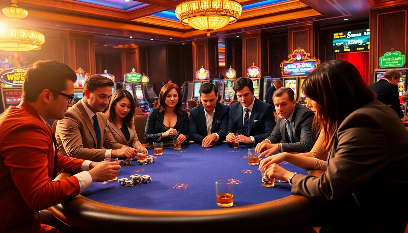 Excited players at urr88.com enjoy a high-stakes poker game in a luxurious casino setting.
