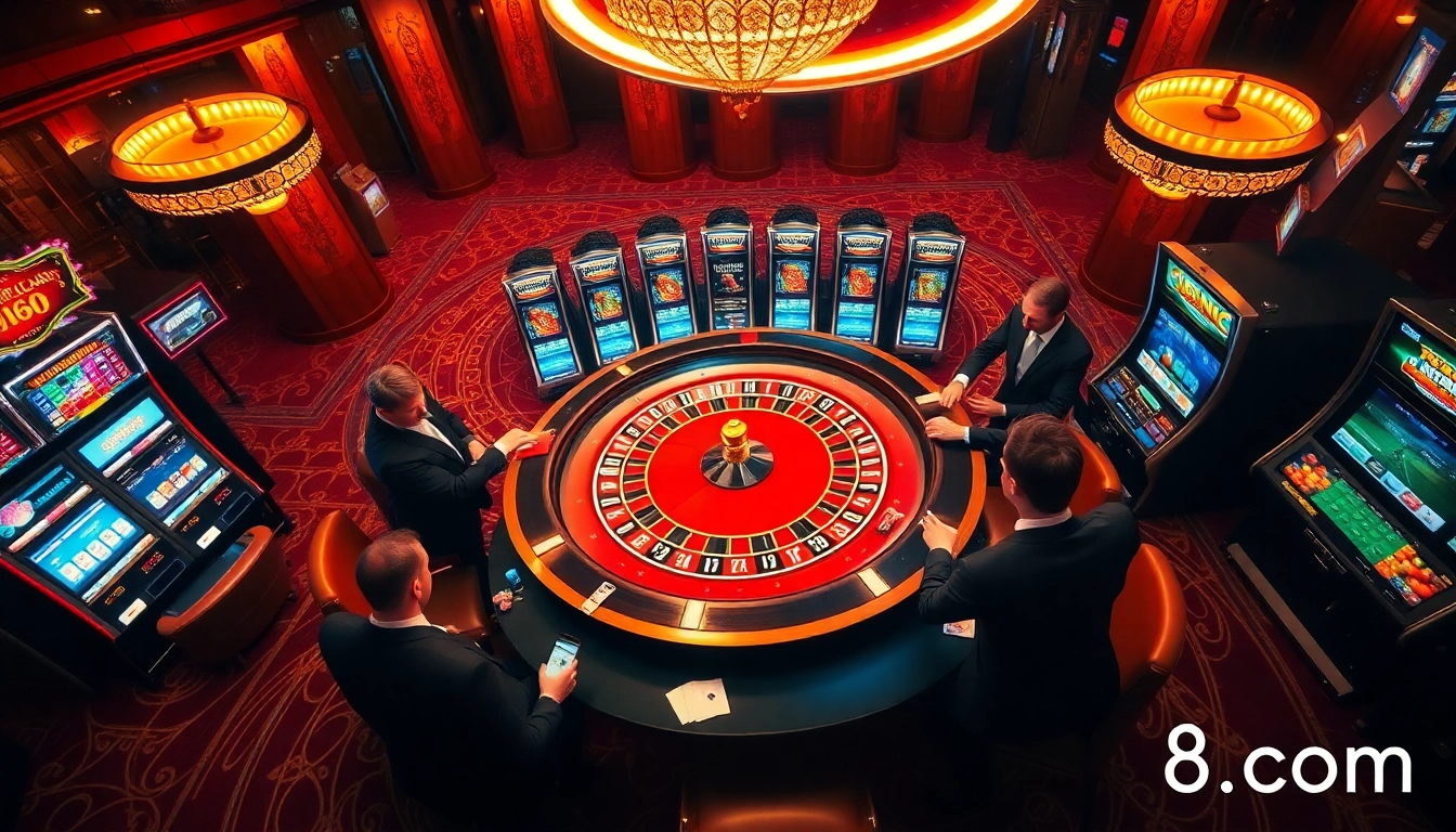 Players enjoy a vibrant casino atmosphere with s8 com represented through poker chips and luxurious decor.