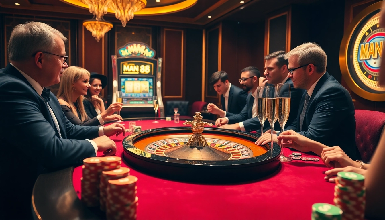 Gamblers enjoying the excitement of roulette at Man 88 casino, showcasing passion and luxury.