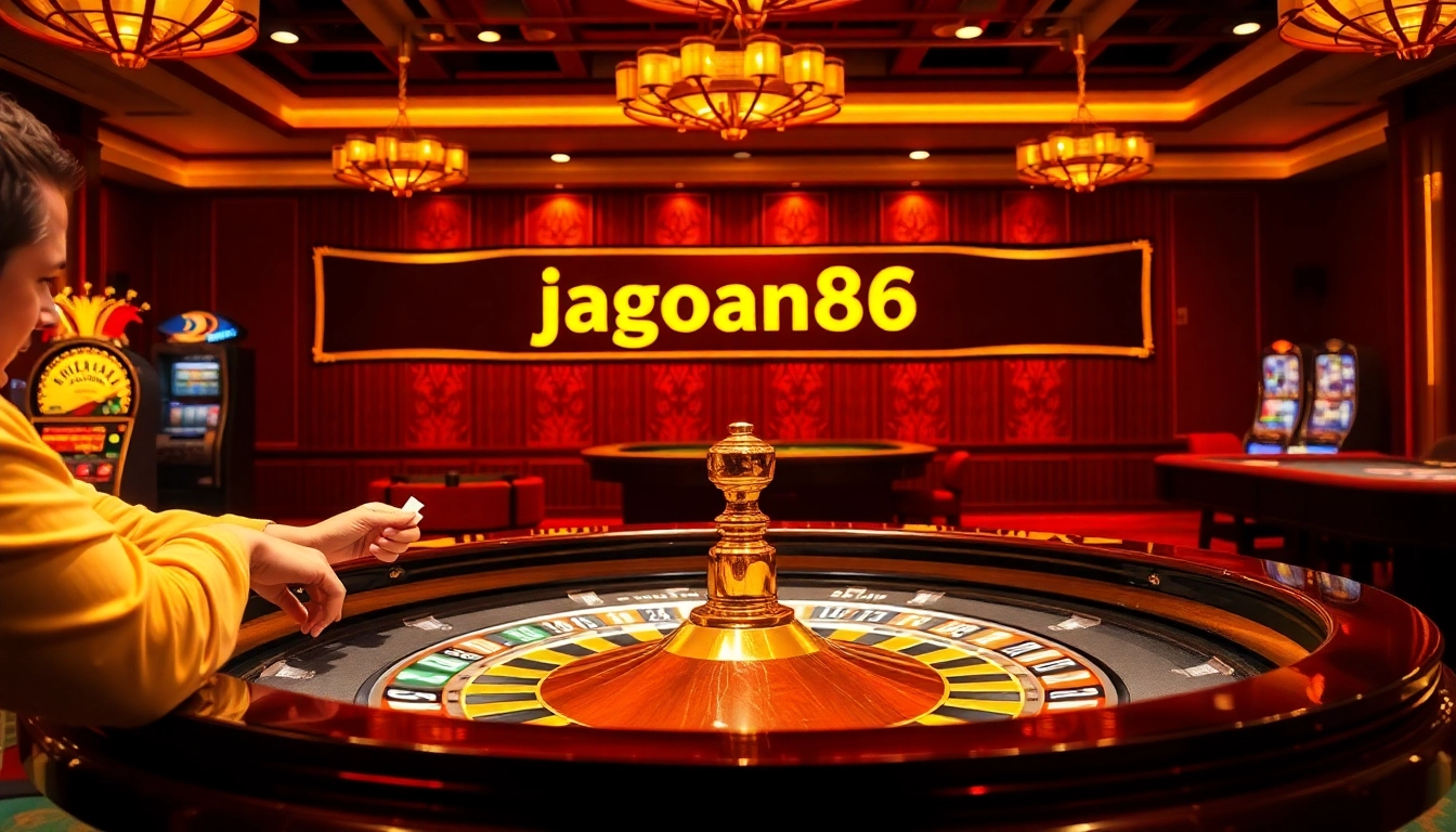 Exciting casino scene highlights jagoan86 with players at a roulette table amidst colorful chips and cards.