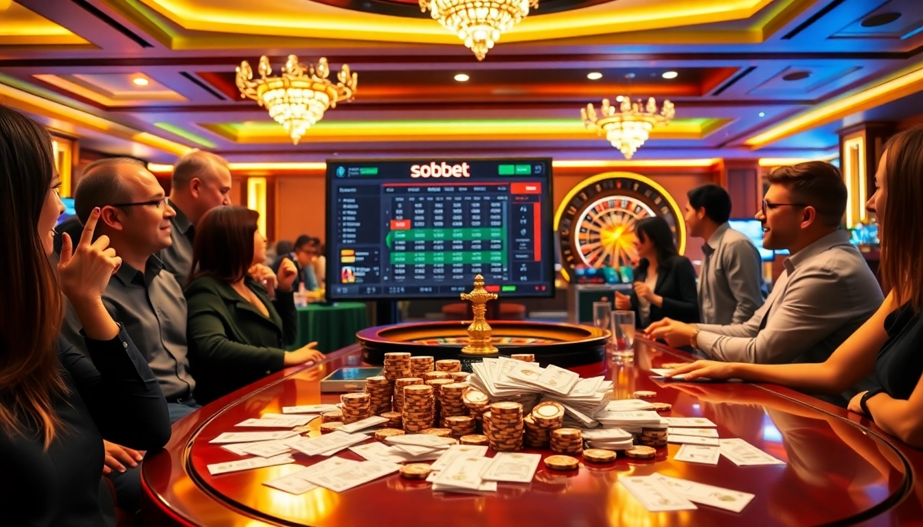 Excited gamblers engaging with the sbobet betting interface in a luxurious casino setting.