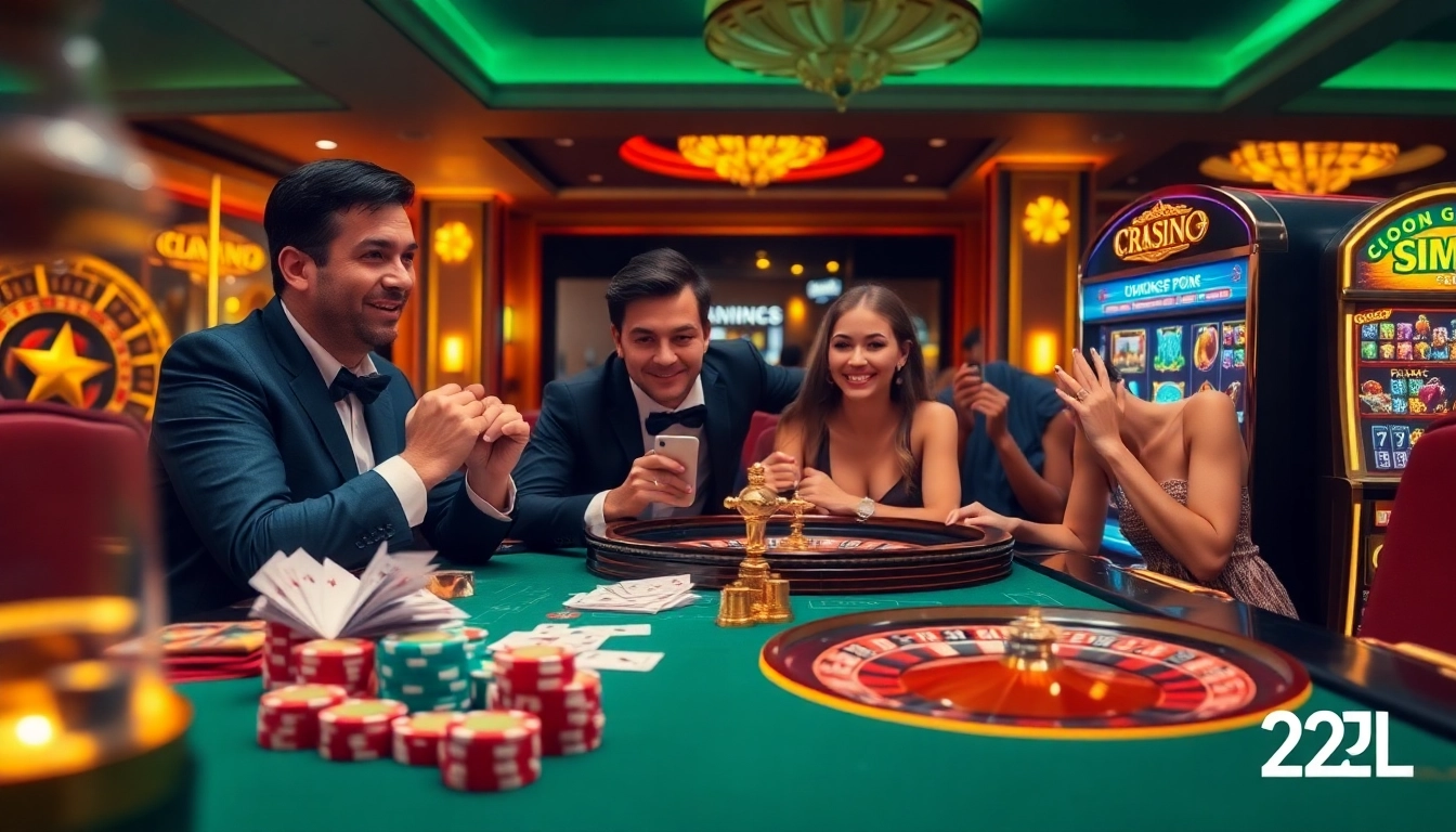 Players enjoying a luxurious game at a 22JL casino table, surrounded by chips and cards.