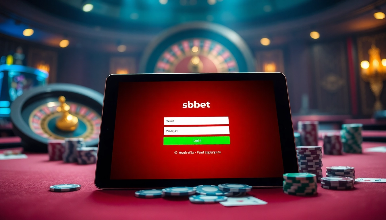 Experience sbobet login with an engaging online gambling scene filled with poker chips and roulette.