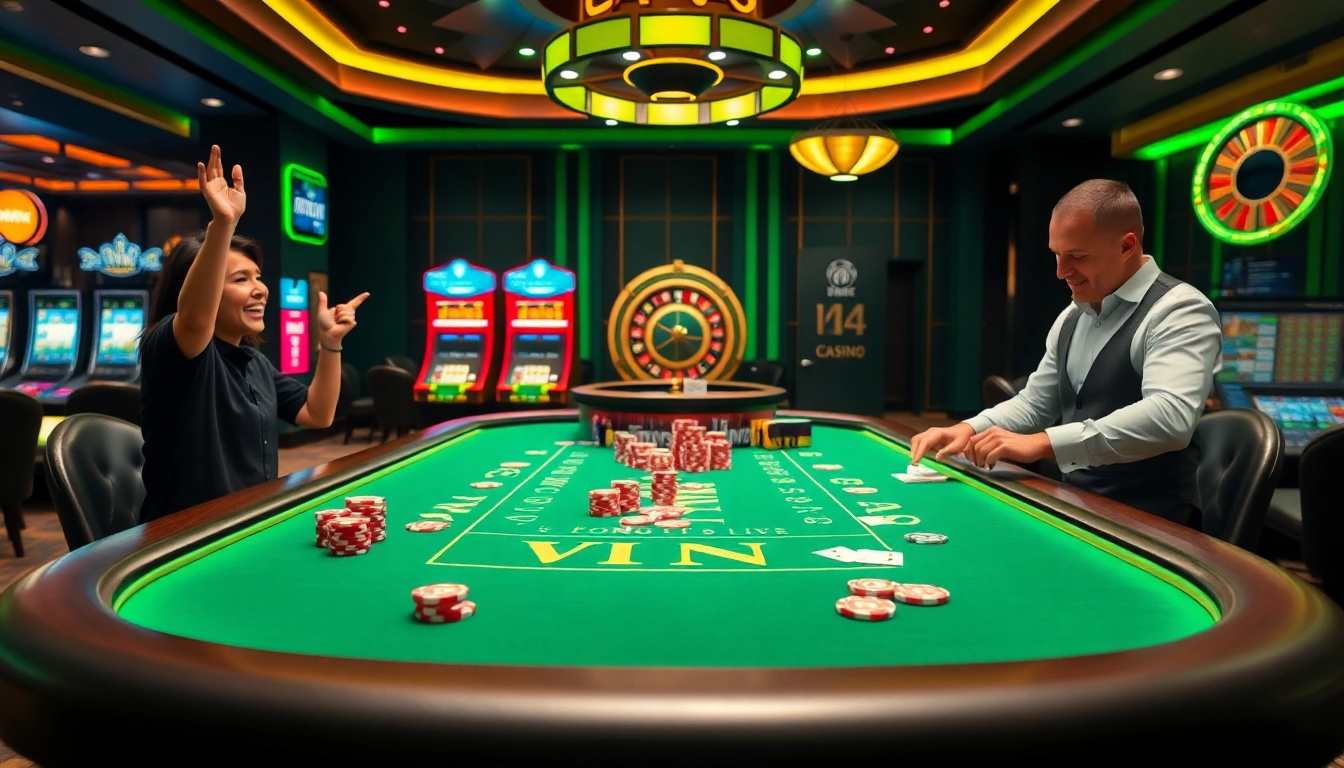 Sunwin gaming table celebration with dealer and players in an exciting casino atmosphere.