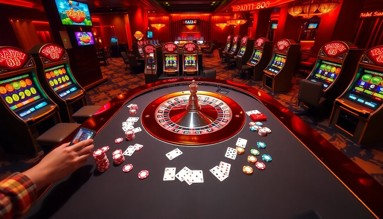 Experience thrilling gameplay at raja 88 with vibrant slot machines and an exciting roulette table.