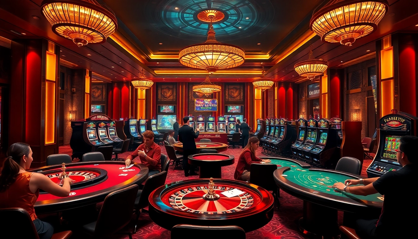 The thrilling atmosphere of gambling at https://rr88co.net/ featuring poker tables and vibrant slot machines.