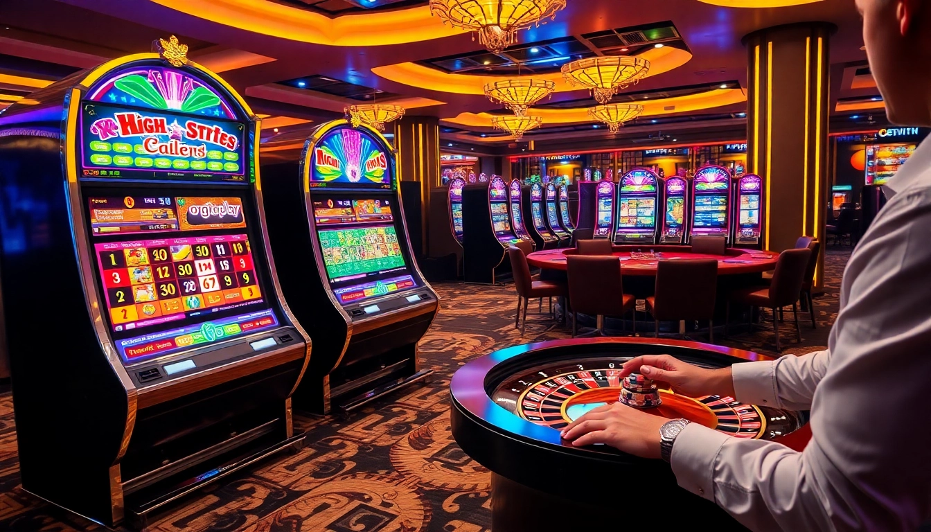 Engage with onicplay login at a luxury casino scene featuring colorful slot machines and roulette action.