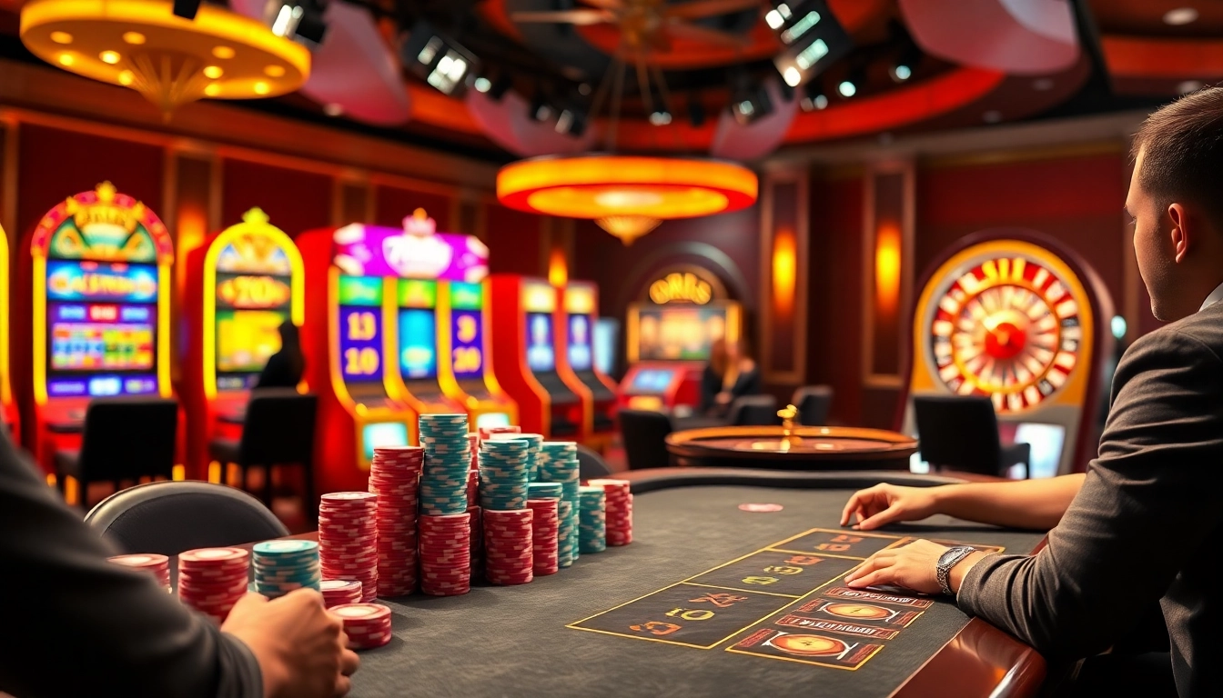 Playing exciting casino games at 789club with vibrant slot machines and engaging poker tables