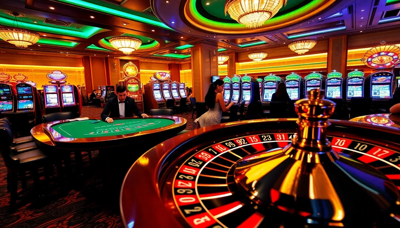 Exciting Mu88 casino scene showcasing a glamorous blackjack table, vibrant slot machines, and a spinning roulette wheel.