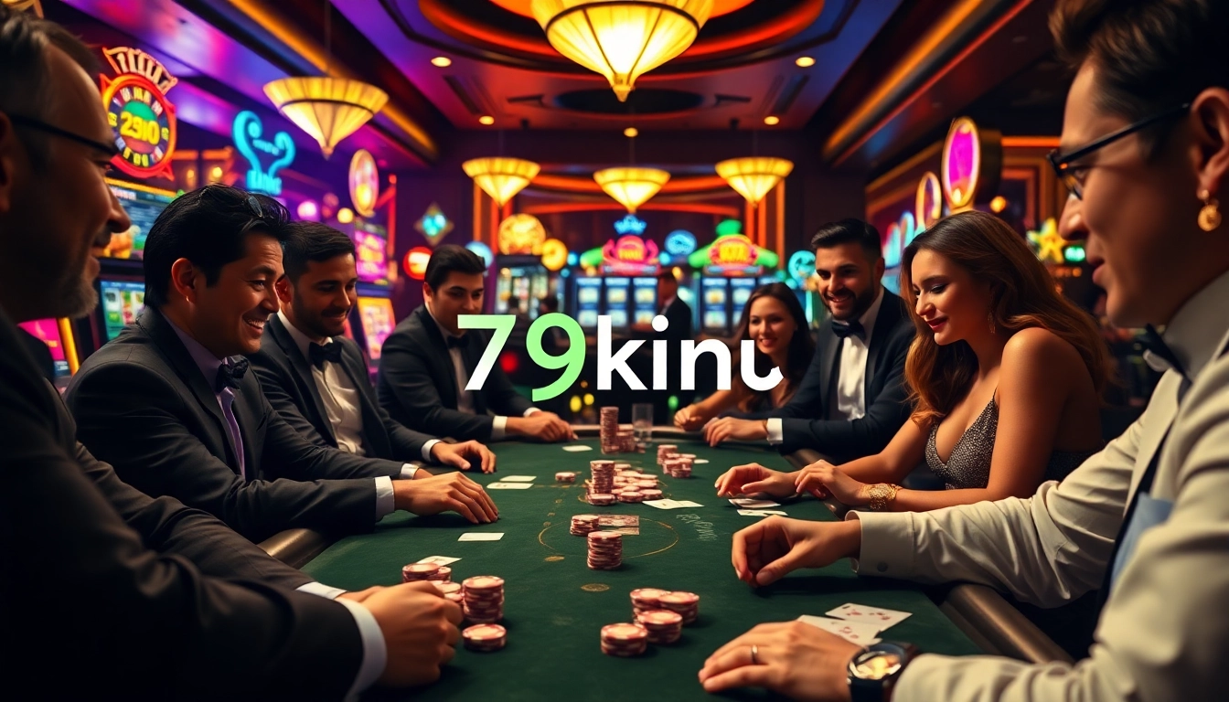 Players strategizing at a poker table in a luxurious casino, highlighting 79king's thrilling betting environment.