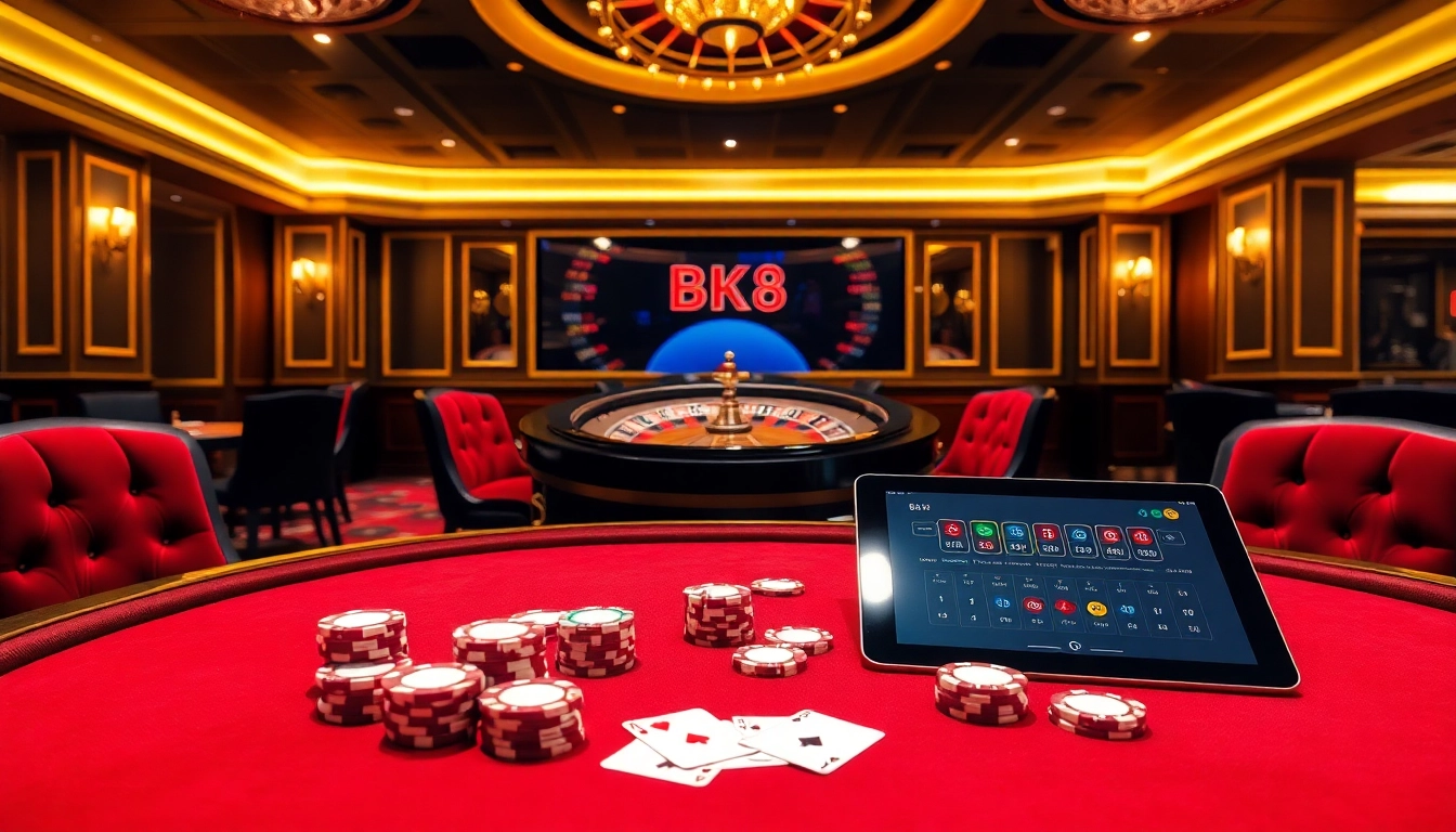Experience the thrill of BK8 เว็บตรง with a luxurious casino table setting filled with poker chips and cards.