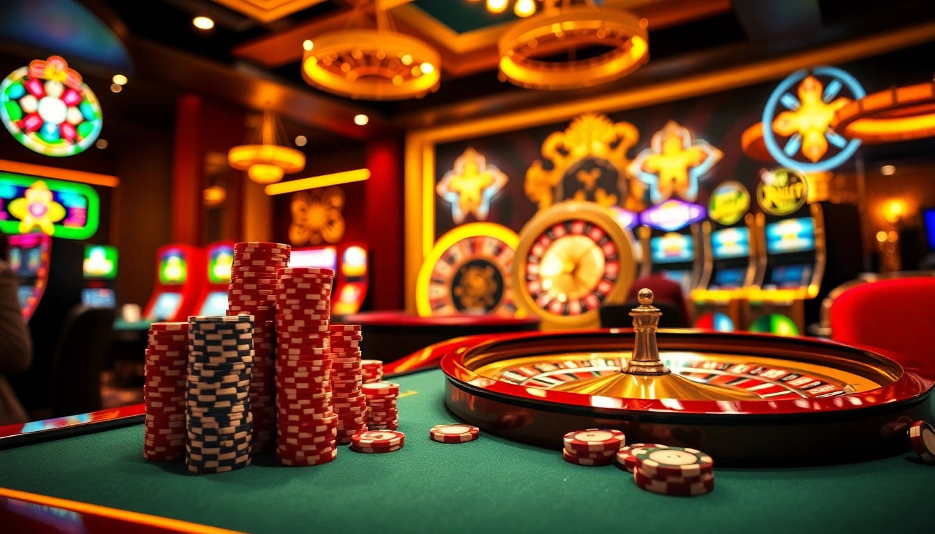 Players engaging in thrilling gameplay with vibrant casino elements at https://nh88.net/ showcasing excitement and luxury.