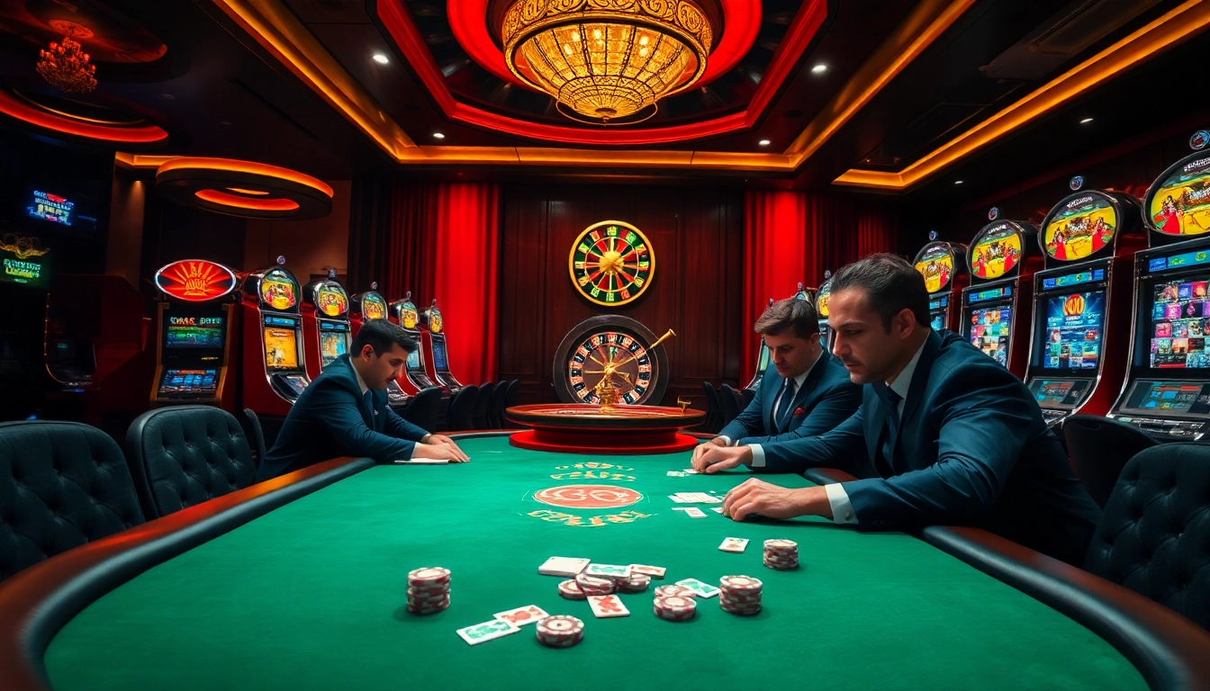 A high-stakes poker game scene symbolizing the excitement of gambling at https://kk55.group with vibrant slot machines and roulette.