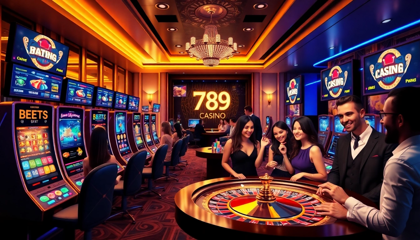 A dynamic gambling scene at https://789club.quest/ showcasing vibrant online casino gameplay with poker chips and slot machines.