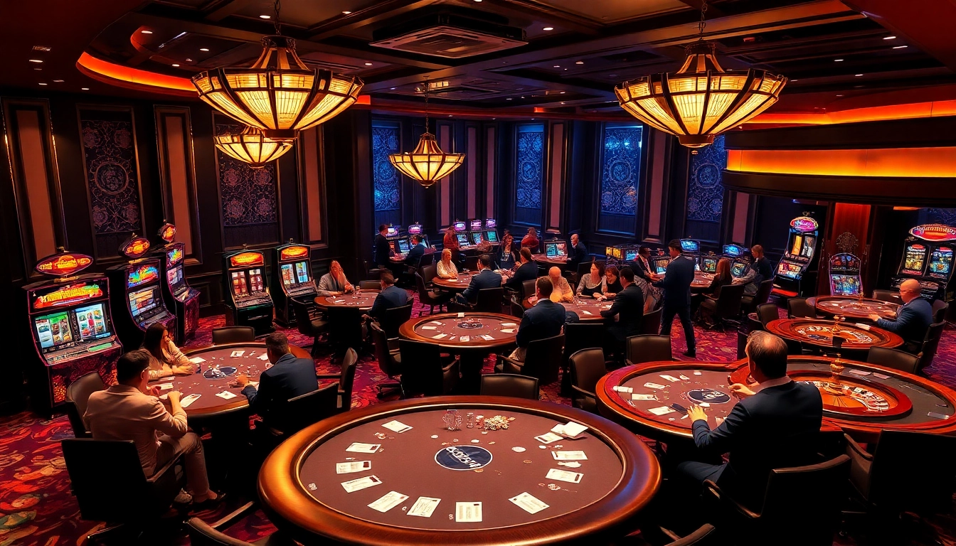 Engaged players at poker tables and slot machines, exemplifying vibrant gaming excitement at https://nh88vn.com/.