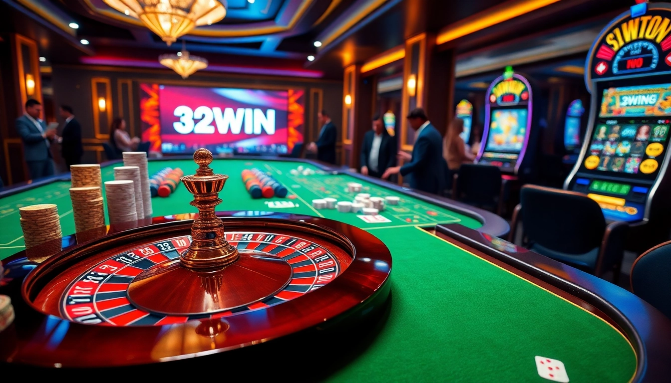 Exciting casino scene highlighting 32WIN with roulette, poker chips, and vibrant slot machines.